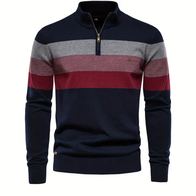 Men's cotton knitted sweater with coloured blocks, half zipper, neckline V - autumn/winter