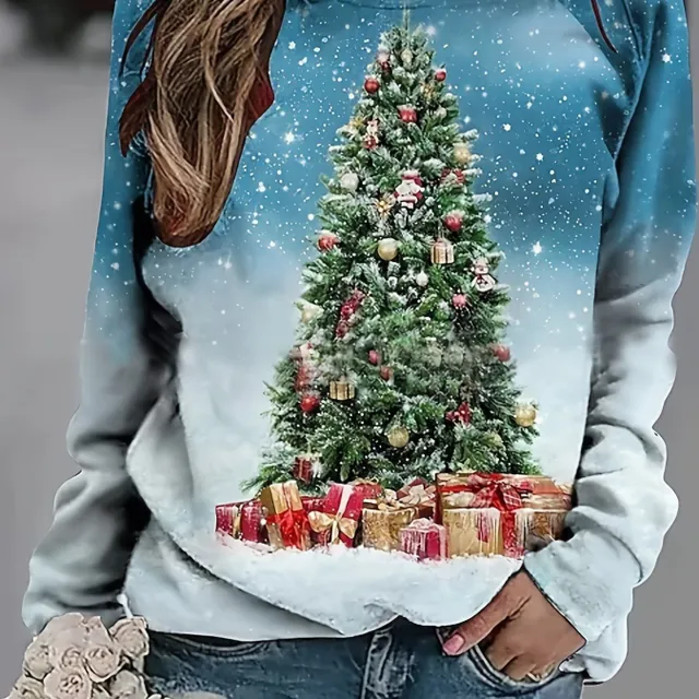 Women's Christmas sweater with tree printing, casual long sleeve, round neckline