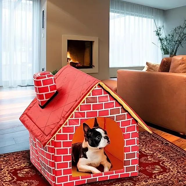 Portable dog bed in the shape of a house - Collectable and washable house for dogs and cats (red)