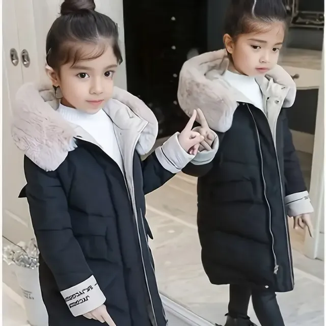 Girls Trendy Fluffy Collar Hooded Long Cotton Padded Jacket, Medium Length Kids Winter Clothing