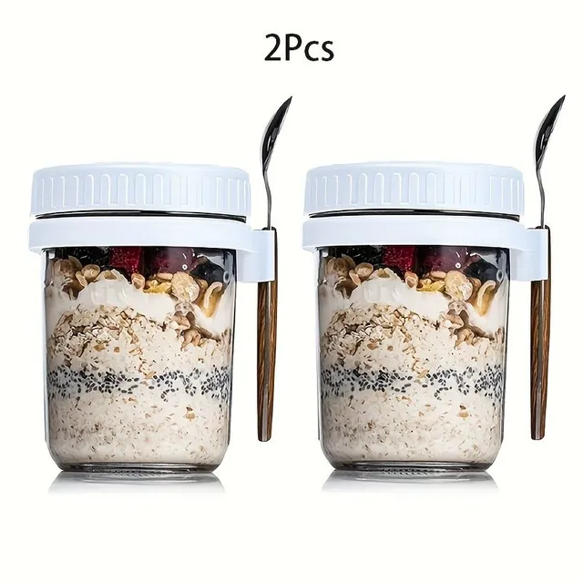 Glass oatmeal canvas with 2 pieces, portable yogurt canister, breakfast can, uzavirable with lid and spoon, salad bowl
