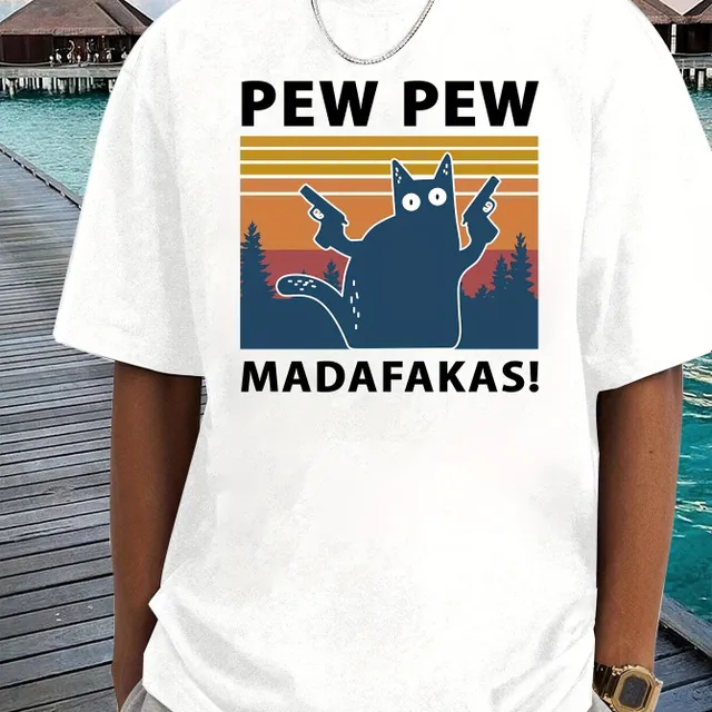 PEW PEW! Male T-shirt with cat and fallen shoulders