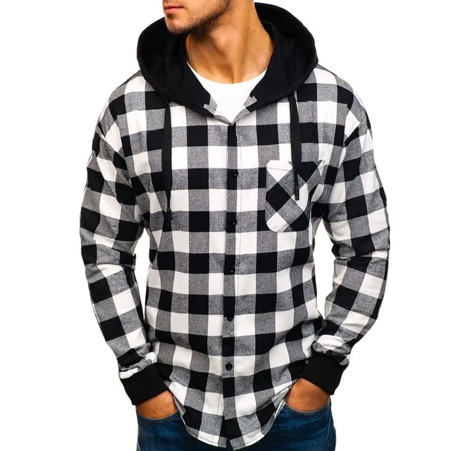 Men's fashionable hooded plaid shirt