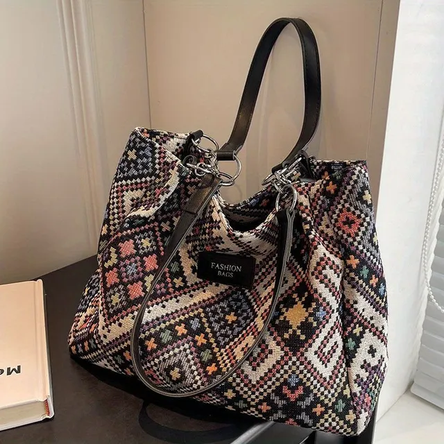 Leinen Schultertasche für Frauen mit ethnischem geometrischem Muster, große Kapazität, Vintage-Stil