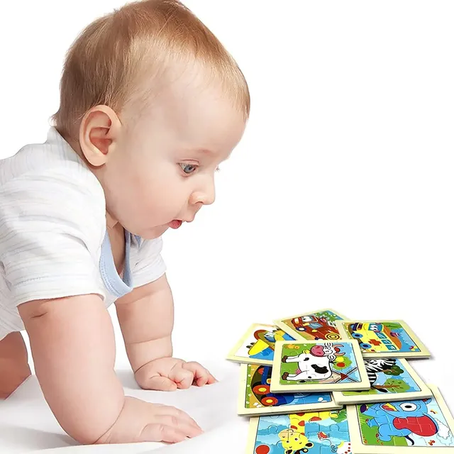 Drevené puzzle pre deti 11x11 cm: Vozidlá, Domáce zvieratá, Karikatúry, Montessori vyučovacie hračky pre deti