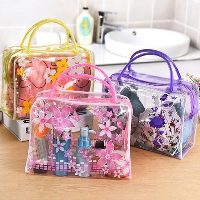 Transparent toiletry bag with floral motif for cosmetics and more