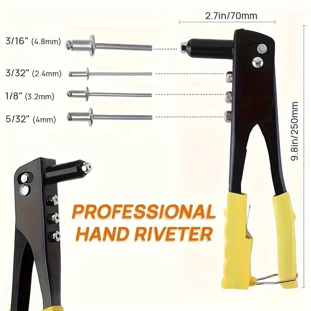 Riveting set with hand-held rivet, contains aluminium rivets. Suitable for metal, plastic and artificial leather