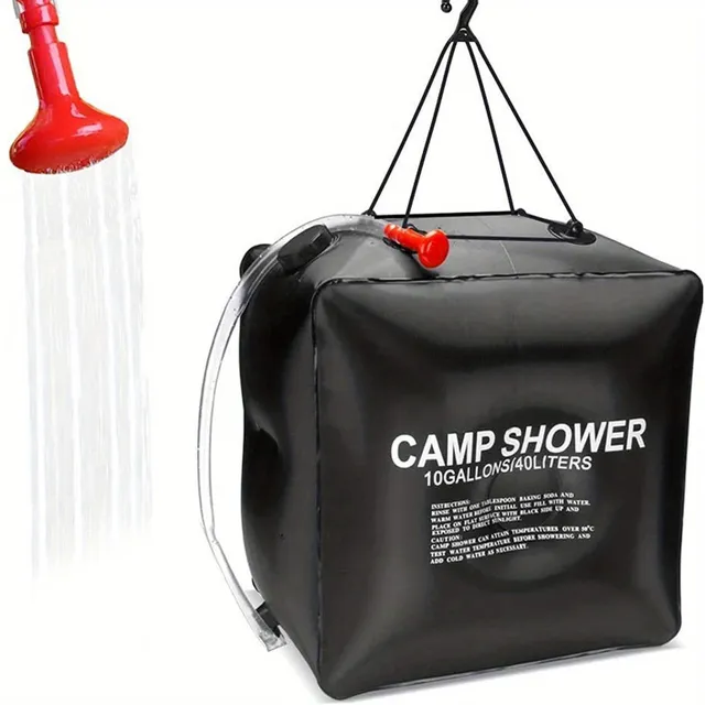 40L Solar shower for camping with water heating - portable shower bag with removable hose and nylon ropes. For hiking, climbing and travel