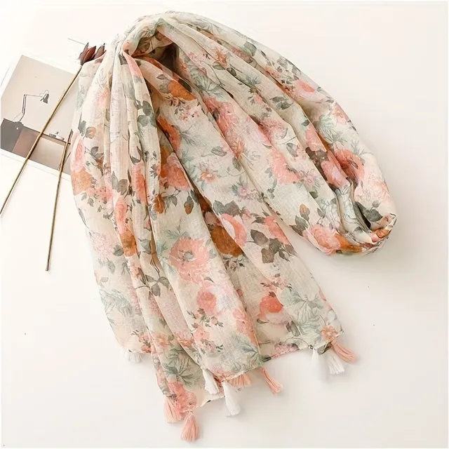 Light summer scarf with fringes and floral pattern