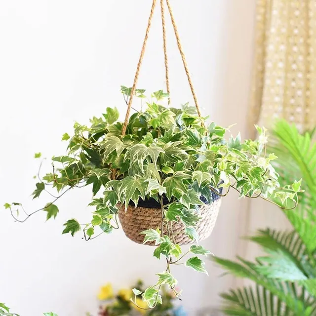 Basket for hanging pot made of woven jute rope