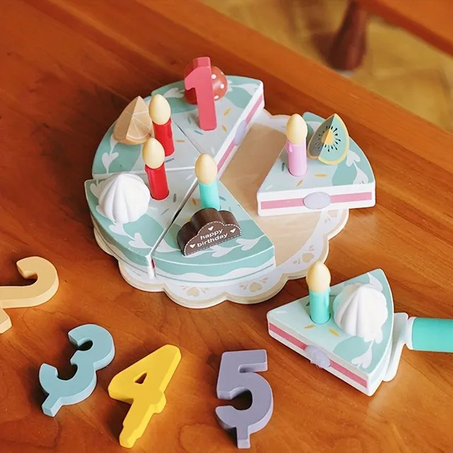Birthday Cake - Wooden Toy with Fruit, Whipped cream, Numbers 1-5 and 5 Candles