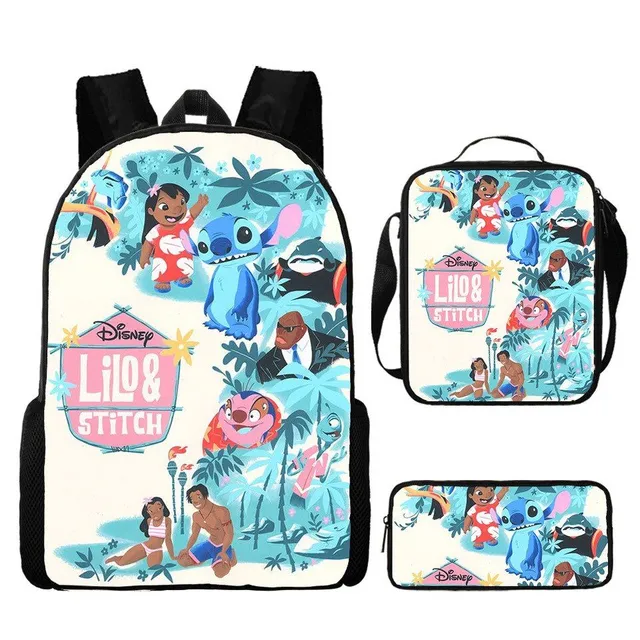 Set pentru copii cu 3 piese școlare cu motivele personajelor animate preferate Lilo și Stitch Rucsac / Geantă peste umăr / Penar