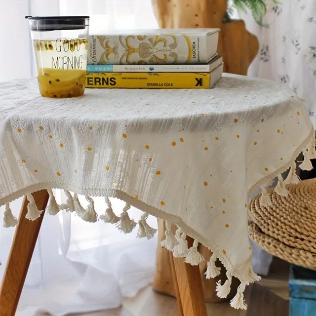 Ubrus macramé, small, fresh style, pasture decoration table, rectangular with pattern flowers daisies, dustproof tablecloth with fringes