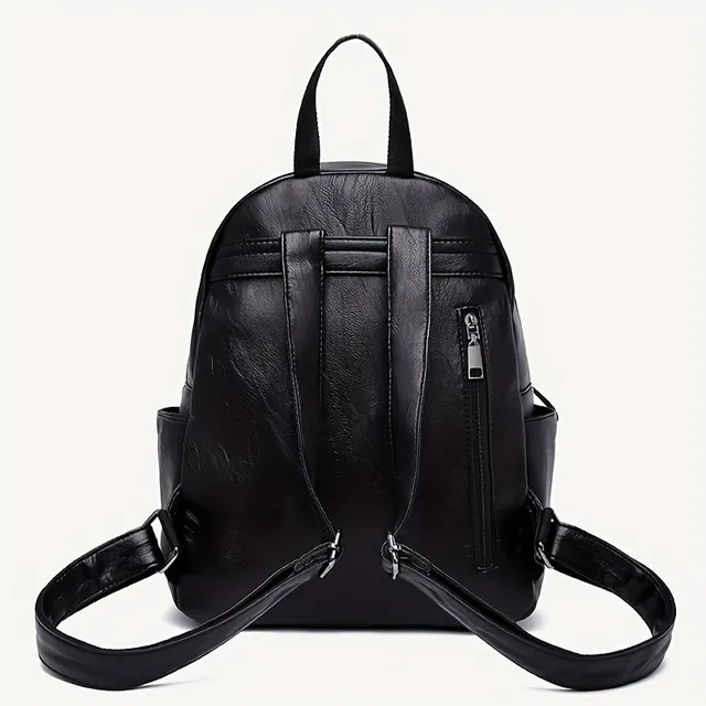 Bright women's backpack with large capacity, made of artificial leather, vintage style, travel backpack, black