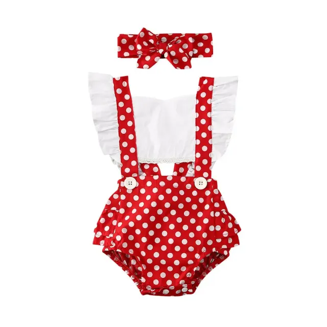 Children's overall with ruffles and floral pattern + headband