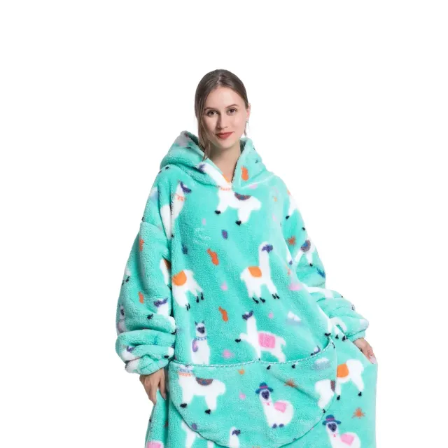 Wearable blanket with hood of stuffed animal and sherpa fleece for adults