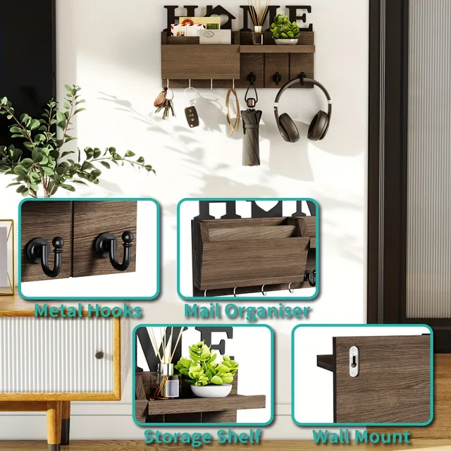 Wall mounted mail organiser with hooks