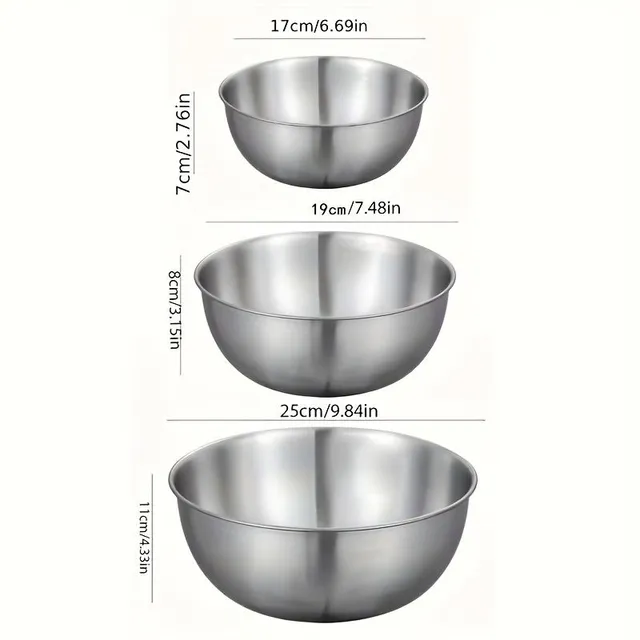 Universal stainless steel bowls - 3 pieces with measuring cups and bent bottom