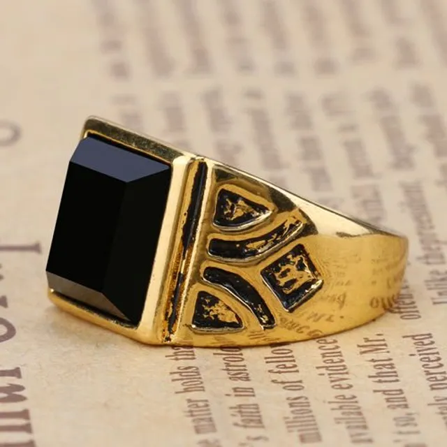 Men's gold plated ring with black stone