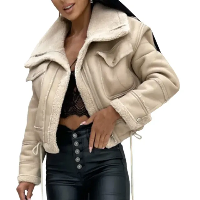 Women's warm jacket with leather patch - short cut, luxury outerwear