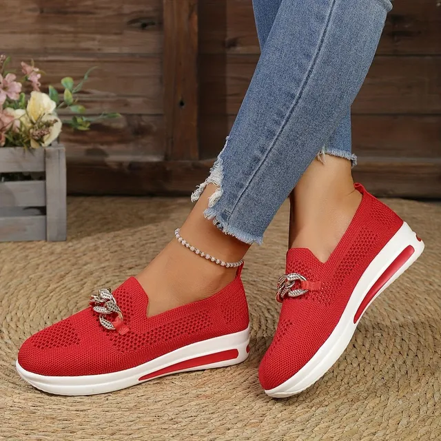 Women's knitted low sneakers with decorative metal chain, comfortable ringing, walking, breathable and casual