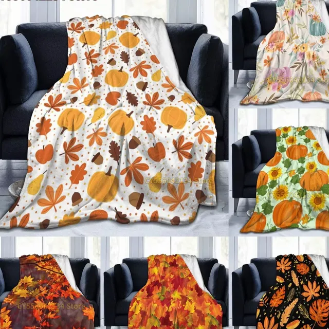 Autumn flannel blanket with a motif of pumpkins and leaves for sofa, bed or couch