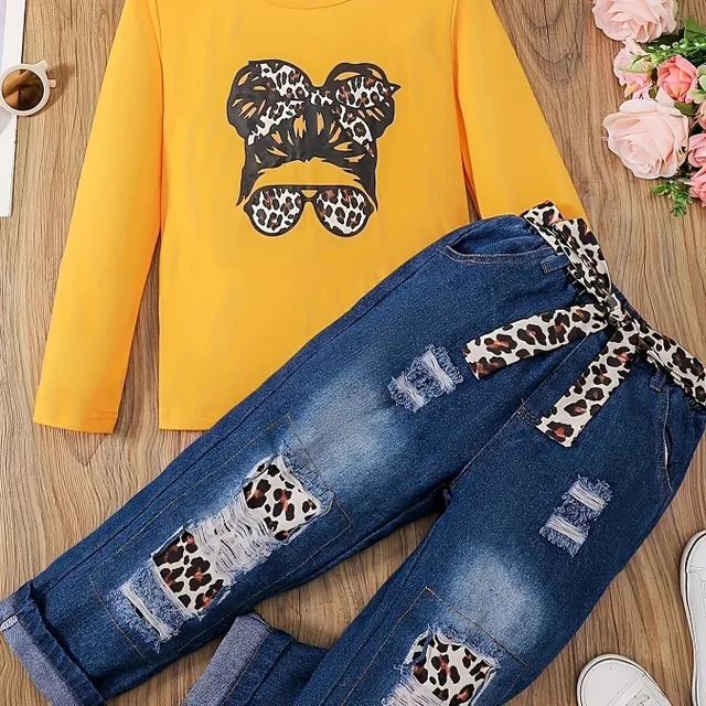 3-piece set for girls - Long Sleeve with printing + Torn jeans with belt