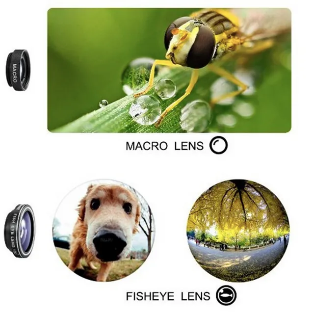Universal lens set for mobile phones, fisheye lens + wide-angle lens + macro lens