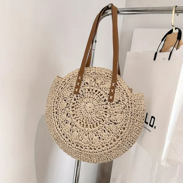 Straw knit casual bag - round shape with double ear, literary beach bag