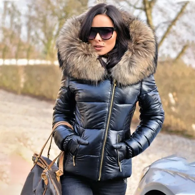 Women's luxury elegant down jacket with large hood decorated with long fur Knight