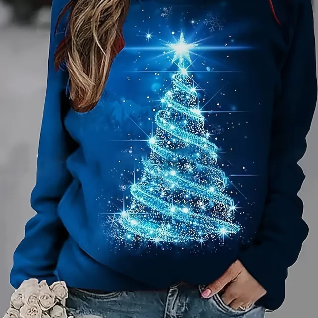 Women's Christmas sweater with tree printing, casual long sleeve, round neckline