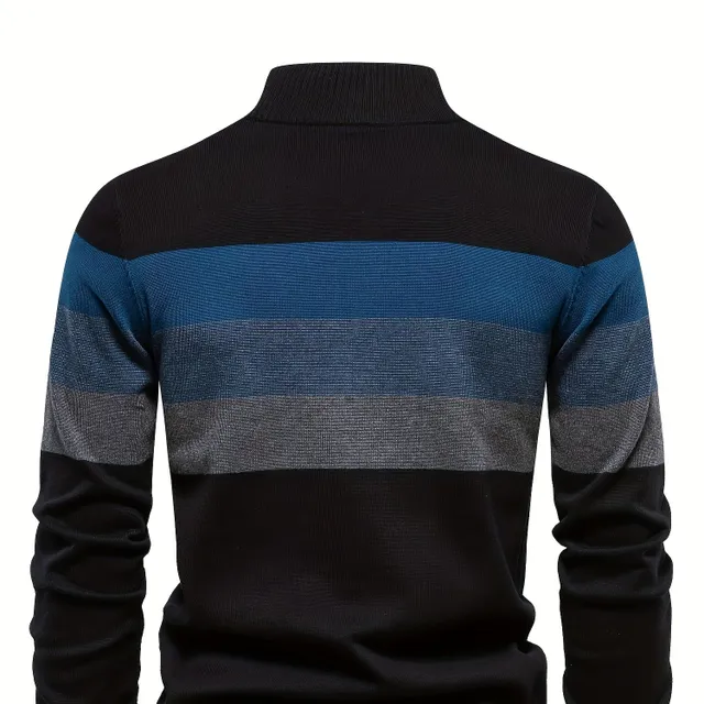 Men's cotton knitted sweater with coloured blocks, half zipper, neckline V - autumn/winter