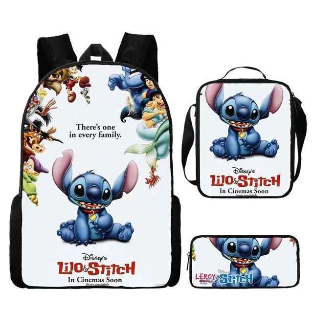 Set pentru copii cu 3 piese școlare cu motivele personajelor animate preferate Lilo și Stitch Rucsac / Geantă peste umăr / Penar