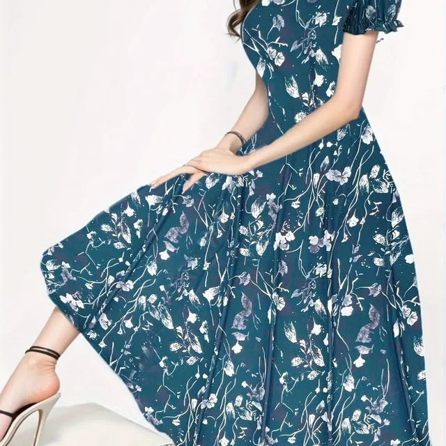 Flower Pattern - Dress with round neckline, Elegant, Short Sleeves (Spring/Summer)