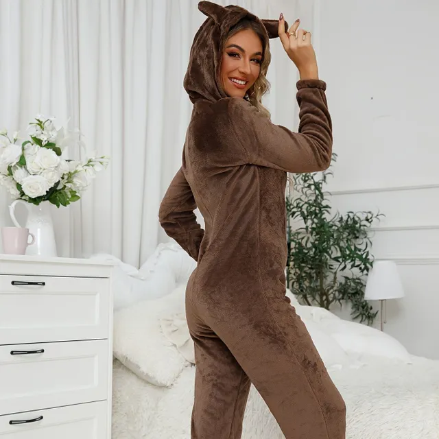 Roztomilý plyšový overal s medvedíkom a mikinou, zipsom a dlhým rukávom - dámske pyžamá