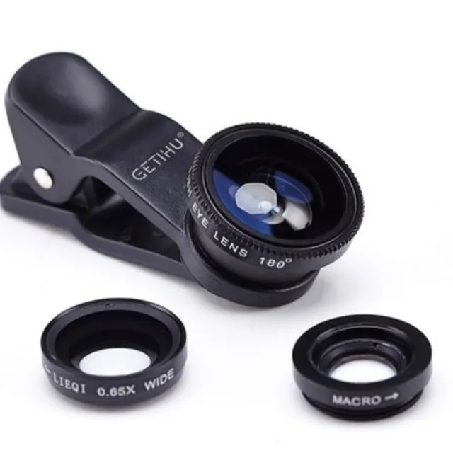 Universal lens set for mobile phones, fisheye lens + wide-angle lens + macro lens