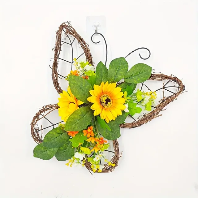 Spring wreath with butterflies and sunflowers on the door