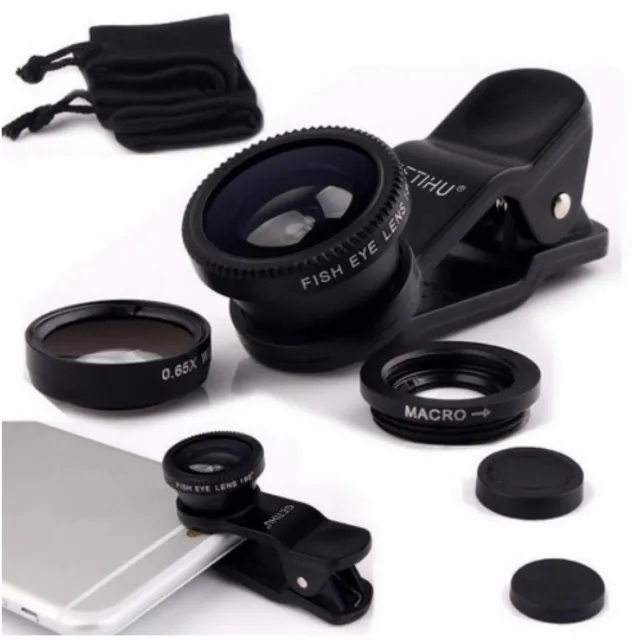 Universal lens set for mobile phones, fisheye lens + wide-angle lens + macro lens