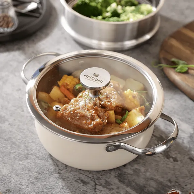 Stainless steel steam pot with soup pot, thick hollow heat resistant handle and lid - Korean style