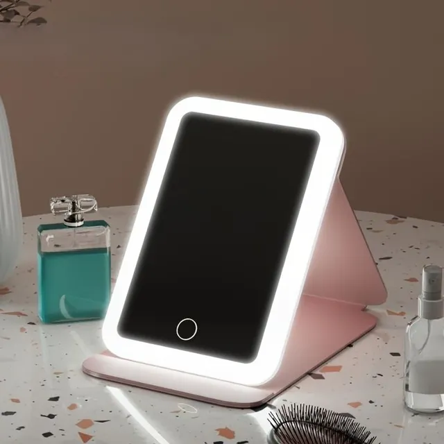 Travel LED folding mirror with large square surface and adjustable lighting