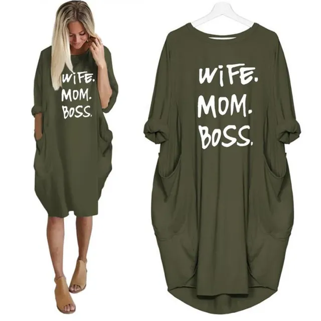 Štýlové tričkové šaty WIFE MOM BOSS 5xl army-green