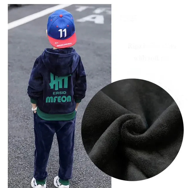 Children's double-piece suite made of Velura cloth with hood and letters for boys for autumn and winter