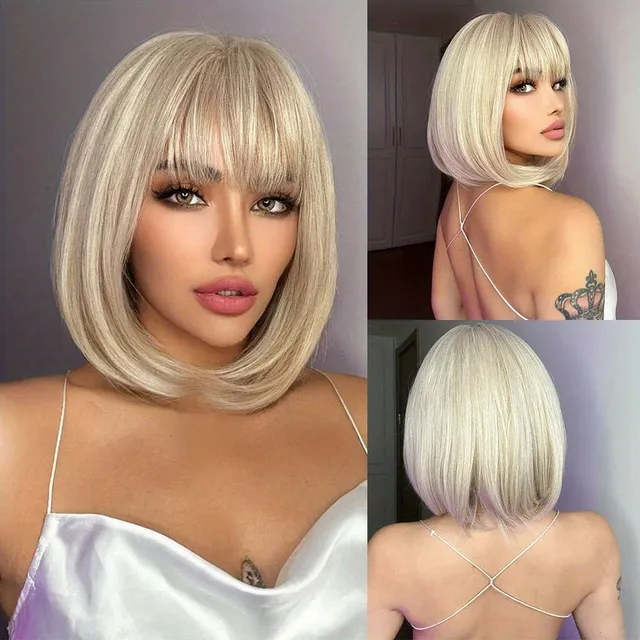 Women's wig: White, short straight bob with bang, natural synthetic fiber, for everyday wear - Hair extension and replacement