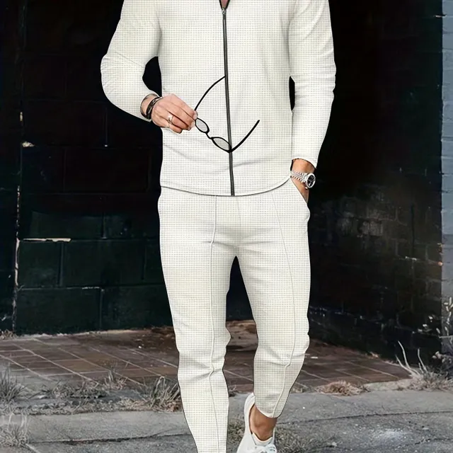 Men's 2-piece set in waffle pattern - Sports leisure set with zipper jacket and drawstring tracksuits