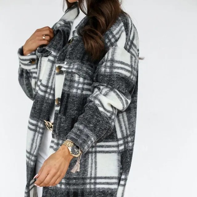 Long plaid coat with long sleeves in wool blend black1 m