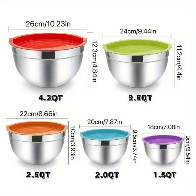 Stainless steel bowls with coloured lids - Set of stackable cooking, baking, serving and storage bowls