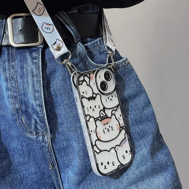 Silicone transparent iPhone phone case with Cute Bear motifs and neck strap