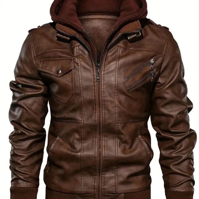 Men's leather jacket with hood, pockets and zipper