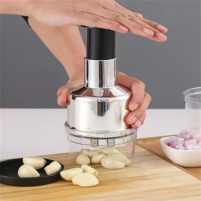 Hand-operated garlic press of stainless steel and food cleavers