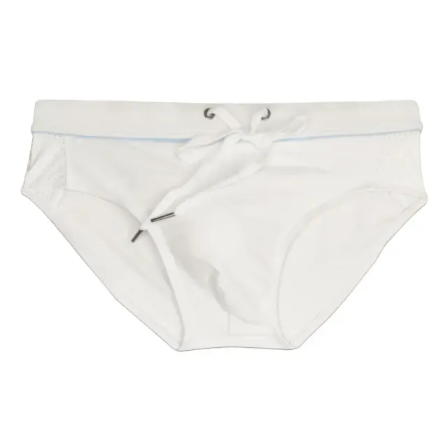 Men's white swim trunks with transparent elements